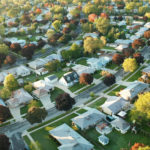 An aerial photograph of a neighborhood